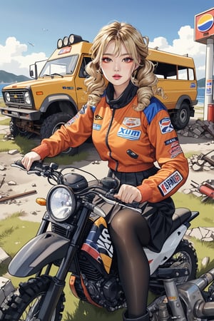 An artistic vision of a female adventurer surveying a gas station near Gangneung South Korea. She is wearing a colorful outfit with a closely fitted jacket, warm skirt, black tights, and ankle boots. She is sitting on a KTM 250 SX-F motorcycle. Fierce and confident expression, suggestive poses exuding seductive charm. Blonde hair styled into ringlets that framed the face. An abandoned gas station, deserted, destroyed trucks, rusty tank trailer, grass, scattered rubble, vibrant colors. Highly detailed. Cluttered maximalism. Close-up shot. Super wide angle, 