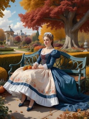 A painting of a noblewoman in an 1880 crinoline dress sits on a bench in the garden. Autumn. Sense of awe-inspiring grandeur, compositional tension and instability, highly florid style, and intellectual sophistication. A high-concept design with striking visual contrasts. Wide angle. Cluttered maximalism. Extremely high-resolution details. beautiful landscapes, hyperrealistic precision, and digital art techniques. Split complementary color harmony. Close-up. Cowboy shot.