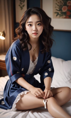 Pictorialist-style photograph of a beautiful 21-year-old Korean woman with a perfect face, and big eyes sitting on her bed and shaving her leg with a leg shaver. Side view. Sensual, pretty, highly detailed face features, highly detailed skin, fine curly style hair, big eyes, perfect eyes, detailed eyes, detailed pupils, black hair, Ikat petticoat and housecoat. Necklace with a key. Sharp focus, 64k. Masterpiece. Highly detailed. Cluttered maximalism. Rembrandt lighting. High angle. Wide angle. Full body shot. ink