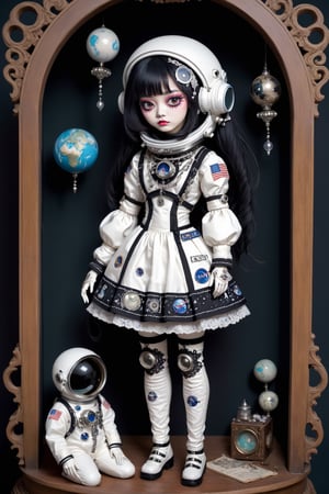 BJD. Its clothing morphs the hard upper torso of an astronaut's suit with a gothic lolita outfit and Indian embroidery and decorations. diorama, masterpiece, cluttered maximalism, detailed illustration
