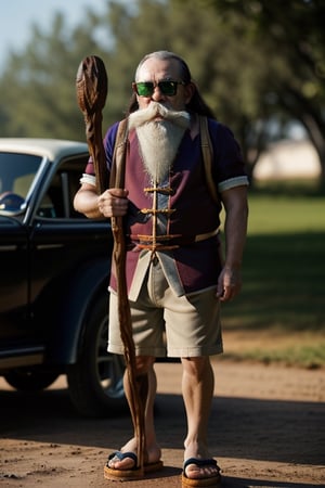 cinematic photo cinematic film still k4k3k, facial hair, sunglasses, beard, bald, old, old man, white hair, ((dwarf)),mustache, staff, shirt, shorts, holding, standing, orange chinese clothes, pants, bag, sandals, holding staff  . shallow depth of field, vignette, highly detailed, high budget Hollywood movie, bokeh, cinemascope, moody, epic, gorgeous, film grain, grainy . 35mm photograph, film, bokeh, professional, 4k, highly detailed