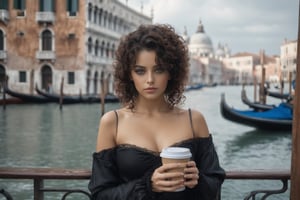 ((manara)) ((rain)) raw photography, cinematic still, MGM, extremely beautiful dark haired curly, (celestial eyes) (wet xxmixgirl) taking a coffee in Venice plaza (fine art) in the background canal grande with gondolas