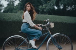 raw photography, cinematic still, MGM, extremely beautiful xxmixgirl riding a bicycle