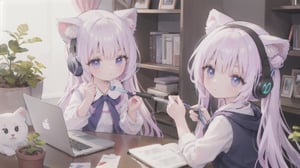 light purple hair, double_bun closed mouth, cat ear headphone,cuteloli