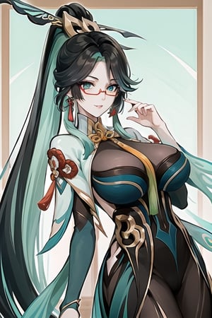 xianyun_genshin, long hair, multicolored hair, black hair, green hair, two-tone hair, glasses, colored inner hair, red-framed eyewear, breasts, hair ornament, very long hair, semi-rimless eyewear, aqua eyes, large breasts, tassel, earrings, tassel earrings, aqua hair, happy_face

