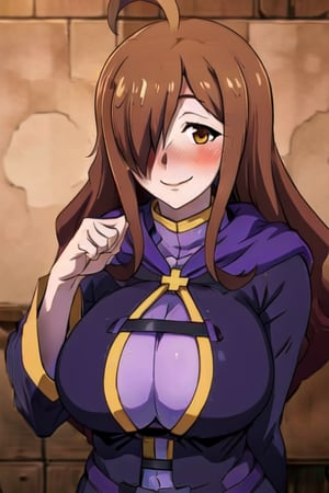 base: wizkonosuba, big_boobies, kswiz, ahoge, brown hair, brown eyes, hair over one eye, purple robe, long sleeves, blushing, happy_face