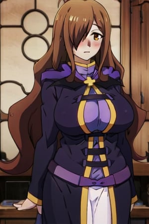 base: wizkonosuba, big_boobies, kswiz, ahoge, brown hair, brown eyes, hair over one eye, purple robe, long sleeves, blushing