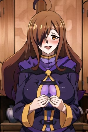 base: wizkonosuba, big_boobies, kswiz, ahoge, brown hair, brown eyes, hair over one eye, purple robe, long sleeves, blushing, happy_face