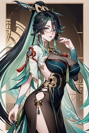 xianyun_genshin, long hair, multicolored hair, black hair, green hair, two-tone hair, glasses, colored inner hair, red-framed eyewear, breasts, hair ornament, very long hair, semi-rimless eyewear, aqua eyes, large breasts, tassel, earrings, tassel earrings, aqua hair


