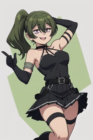 Ubel,skirt, medium hair, hair between eyes, green hair, side ponytail,purple eyes, gloves, dress, bare shoulders, pleated skirt, sleeveless, black gloves, elbow gloves, belt, miniskirt, black skirt, black footwear, (black dress, thigh strap, sleeveless dress, halterneck, armband, single glove, black belt, pleated dress, arm strap, happy_face