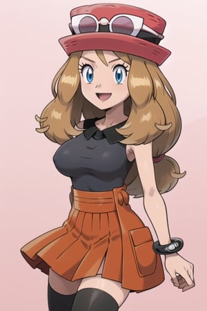 Serena, solo, long hair, eyewear on headwear, pink headwear, eyelashes, blue eyes, sleeveless shirt, black shirt, bracelet, high-waist skirt, red skirt, black thighhighs, happy_face, big_boobies