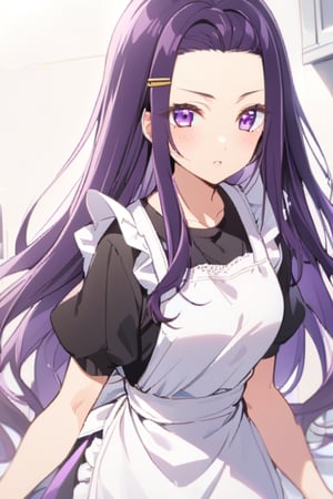 sayuri akino, long hair, hair ornament, hairclip, purple hair, purple eyes, forehead, apron