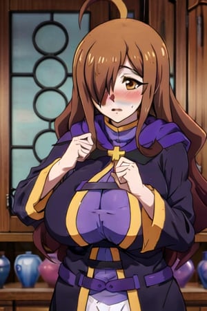 base: wizkonosuba, big_boobies, kswiz, ahoge, brown hair, brown eyes, hair over one eye, purple robe, long sleeves, blushing