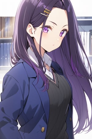 sayuri akino, long hair, hair ornament, hairclip, purple hair, purple eyes, forehead, shirt, white shirt, collared shirt, sweater, black sweater, blazer, blue blazer