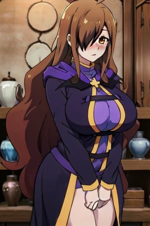 base: wizkonosuba, big_boobies, kswiz, ahoge, brown hair, brown eyes, hair over one eye, purple robe, long sleeves, blushing