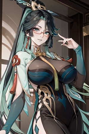 xianyun_genshin, long hair, multicolored hair, black hair, green hair, two-tone hair, glasses, colored inner hair, red-framed eyewear, breasts, hair ornament, very long hair, semi-rimless eyewear, aqua eyes, large breasts, tassel, earrings, tassel earrings, aqua hair, happy_face, striped

