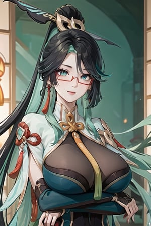 xianyun_genshin, long hair, multicolored hair, black hair, green hair, two-tone hair, glasses, colored inner hair, red-framed eyewear, breasts, hair ornament, very long hair, semi-rimless eyewear, aqua eyes, large breasts, tassel, earrings, tassel earrings, aqua hair, happy_face

