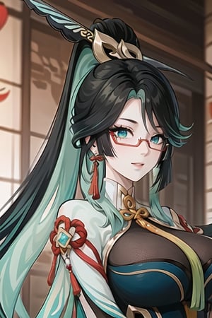 xianyun_genshin, long hair, multicolored hair, black hair, green hair, two-tone hair, glasses, colored inner hair, red-framed eyewear, breasts, hair ornament, very long hair, semi-rimless eyewear, aqua eyes, large breasts, tassel, earrings, tassel earrings, aqua hair, happy_face, striped

