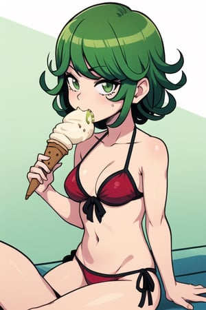 Tatsumaki, green eyes, green hair, short hair

Outfits: bikini red, eating ice cream 