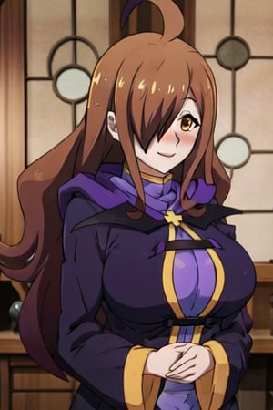 base: wizkonosuba, big_boobies, kswiz, ahoge, brown hair, brown eyes, hair over one eye, purple robe, long sleeves, blushing, happy_face