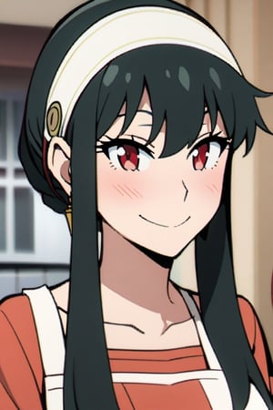 yor briar, black hair, red eyes, earrings, white hairband, hairband, long hair, sidelocks, only_apron, happy_face, big_boobies