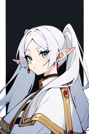 base: frieren, 1girl, earrings, elf, long hair, pointy ears, solo, twintails, green eyes, earrings, white hair, white capelet, white sleeves, long sleeves,