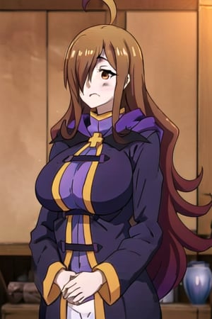 base: wizkonosuba, big_boobies, kswiz, ahoge, brown hair, brown eyes, hair over one eye, purple robe, long sleeves,wizkonosuba