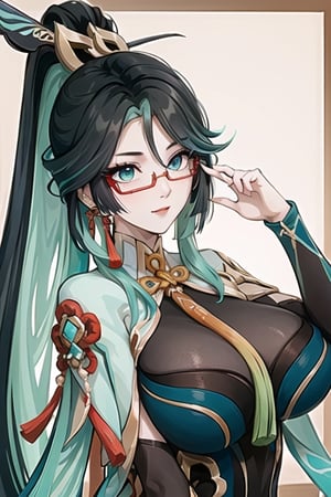 xianyun_genshin, long hair, multicolored hair, black hair, green hair, two-tone hair, glasses, colored inner hair, red-framed eyewear, breasts, hair ornament, very long hair, semi-rimless eyewear, aqua eyes, large breasts, tassel, earrings, tassel earrings, aqua hair, happy_face, striped

