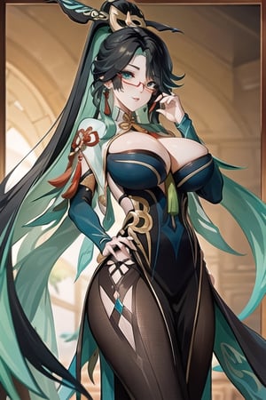 xianyun_genshin, long hair, multicolored hair, black hair, green hair, two-tone hair, glasses, colored inner hair, red-framed eyewear, breasts, hair ornament, very long hair, semi-rimless eyewear, aqua eyes, large breasts, tassel, earrings, tassel earrings, aqua hair, happy_face, big_boobies

