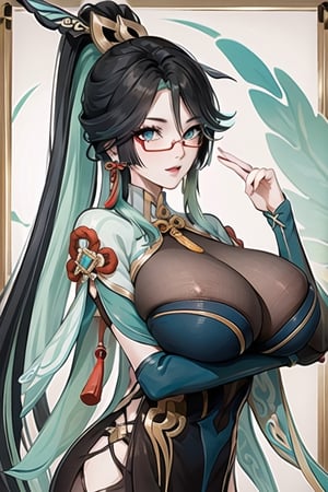 xianyun_genshin, long hair, multicolored hair, black hair, green hair, two-tone hair, glasses, colored inner hair, red-framed eyewear, breasts, hair ornament, very long hair, semi-rimless eyewear, aqua eyes, large breasts, tassel, earrings, tassel earrings, aqua hair, happy_face, big_boobies

