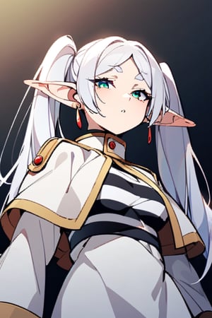 base: frieren, 1girl, earrings, elf, long hair, pointy ears, solo, twintails, green eyes, earrings, white hair, white capelet, white sleeves, long sleeves, big_boobies