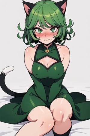 Tatsumaki, green eyes, green hair, short hair, 1girl, blushing
Outfits: cat costume