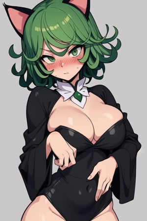 Tatsumaki, green eyes, green hair, short hair, 1girl, blushing
Outfits: cat costume