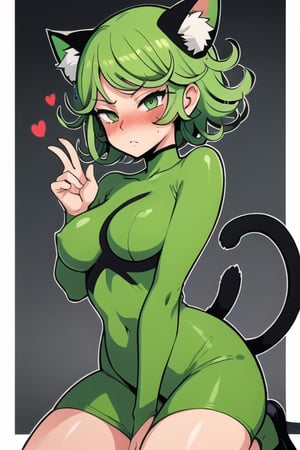 Tatsumaki, green eyes, green hair, short hair, 1girl, blushing
Outfits: cat costume