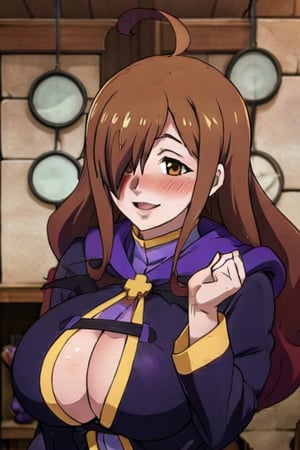 base: wizkonosuba, big_boobies, kswiz, ahoge, brown hair, brown eyes, hair over one eye, purple robe, long sleeves, blushing, happy_face