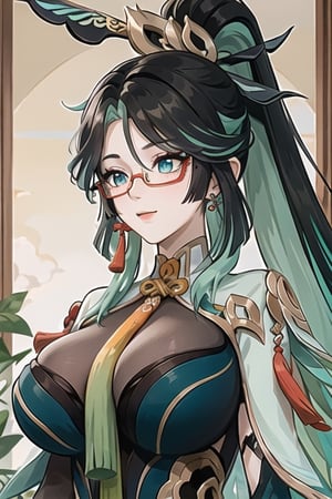 xianyun_genshin, long hair, multicolored hair, black hair, green hair, two-tone hair, glasses, colored inner hair, red-framed eyewear, breasts, hair ornament, very long hair, semi-rimless eyewear, aqua eyes, large breasts, tassel, earrings, tassel earrings, aqua hair, happy_face

