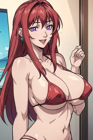 Hiroko Takashiro, big_boobies, purple eyes, long hair, red hair, earrings, happy_face, bikini_red