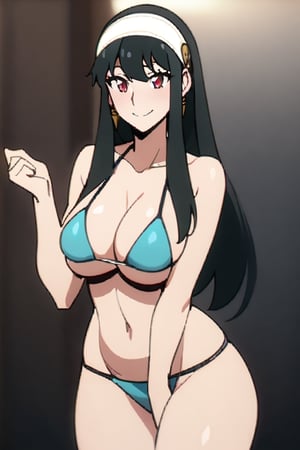 yor briar, black hair, red eyes, earrings, white hairband, hairband, long hair, sidelocks, bikini, happy_face, big_boobies