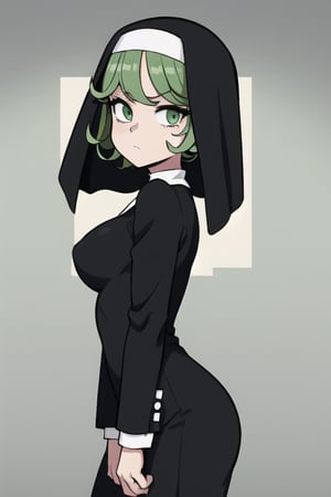 Tatsumaki, green eyes, green hair, short hair, 1girl
Outfits: nun suit