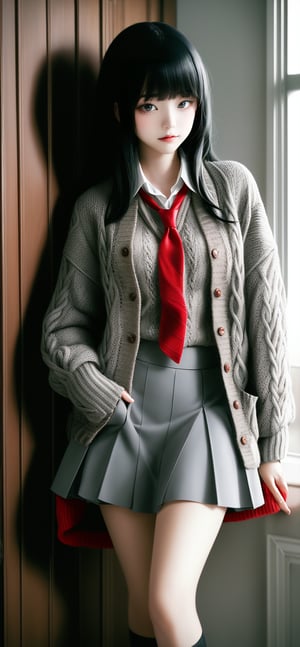 1girl,black-hair,(blunt_bangs),18 years old,school_uniform,knit cardigan,gray skirt,red tie,loose socks,