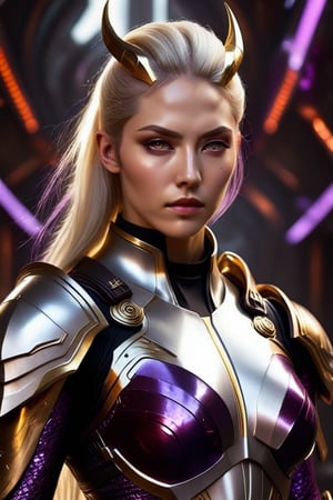 Sci-Fi. Siashi Aru is a human being, a beautiful woman of 28 years old, ((caucasian)), long silver_blonde hair, slicked back haircut, ((white glow eyes)). muscular build.  ((Golden armor)). He wears a futuristic and highly cybernetic black armor. ((purple detailed)), ((horns ornaments)), ((red  lines)), baroque's iconography. Inspired by the art of Destiny 2 and the style of Guardians of the Galaxy.,perfecteyes