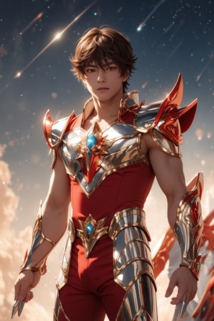 Masterpiece, HD, 8K, high resolution, brown eyes, brown hair,  defiant and well-detailed look, majestic, cowboy_shot, stars, nightsky, see viewer,1 boy, Seiya , 16 years old, 1boy, brown hair, brown eyes, he wears white armor, red clothes, red ornaments, blue energy, Saint Seiya, Seiya de Pegasus, Seiya