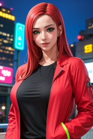 Sayaka wearing a black t-shirt, red jacket. She has a long Red_Orange hair. green eyes.  big breasts, firm breasts, In the background a night city with neon lights, interactive elements, very detailed, ((Detailed face)), ((Detailed Half body)), Color Booster,  sciamano240, sayaka