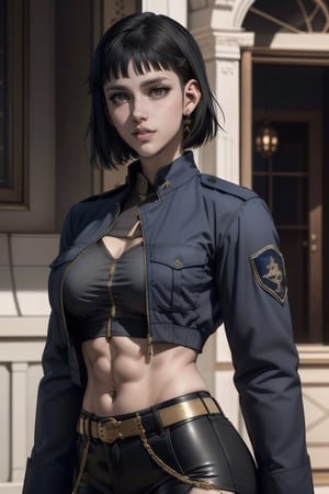 a beautiful woman, 28 years old, pretty face, tall and muscular. Short black hair, bob cut, gray eyes. She wears a loose-fitting black Finnish military jacket with gold details that extends to mid-thigh, accompanied by a pair of tight-fitting dark blue miniskirt. She keeps her jacket unbuttoned and pinned to the side, revealing a black crop top. She has big breasts, large breasts. She wears various metallic/gold emblems. Holding his loose jacket open against her chest, ripped abs, she has wide hips, big ass, round ass and wide thighs. sciamano240, Wrenchftmfshn, valmet.