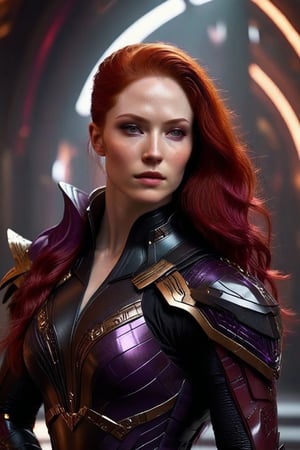 Sci-Fi. Sphyrna is a human being, a beautiful woman of 28 years old, ((pale_white skin)), long scarlet_red hair, slicked back haircut, (dark_purple eyes)). muscular build.  ((Black armor)). He wears a futuristic and highly cybernetic black armor. ((Black detailed)),  ((Raven's Ornaments)), baroque's iconography. Inspired by the art of Destiny 2 and the style of Guardians of the Galaxy.,perfecteyes