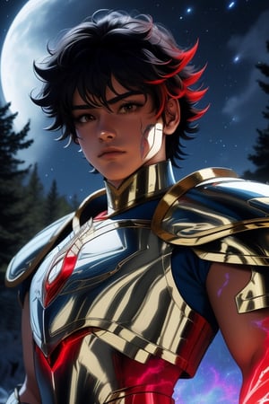 Seiya, a handsome young man, 18 years old, dark_brown hair, brown eyes. ((armor power,  white armor, red elements, blue aura)). In the background a detailed landscapes. forest,  night sky, stars in the sky. interactive elements, very detailed, ((Detailed face)),  sciamano240, nodf_lora, 1boy, seiya
