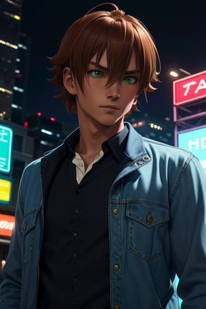 Tatsumi with a silver jacket from Drive (movie), (black sweather), (dark blue jean). Tatsumi is a young man of average height with green eyes and medium length brown hair with a cowlick that falls with its weight. In the background, a night city with neon lights, interactive elements, very detailed, ((Detailed face)), ((Detailed Half body)), Color Booster, sciamano240, tatsumi