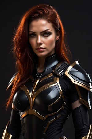 Sci-Fi. Anastasia De'lacoix is a human being, a beautiful woman of 25 years old, ((caucasian)), long red_brown hair, grey eyes. muscular build.  ((black_obsidian armor)). He wears a futuristic and highly cybernetic black armor. ((golden ornaments)), ((red lines)), Ionian's iconography. Inspired by the art of Destiny 2 and the style of Guardians of the Galaxy.,perfecteyes