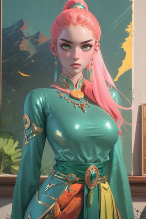 1girl, long yuyin, solo, oil painting, impasto, looking at viewer, a beautiful young woman, 24 years old, long pink hair, green eyes.  warrior, DnD, tribal necklace, warrior psychedelic outfit (Yellow_orange), big breasts, wide hips,  psychedelic background, masterpiece, nijistyle, niji, , sciamano240, soft shading, Long Yuyin