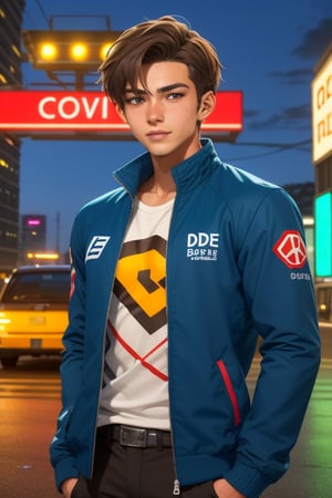 Toji ide, a handsome young man, 16 years old.  He has a short brown hair. brown eyes. tanned skin. wearing a jacket, thigh-length jacket. wearing a print t-shirt. In the background a night city with neon lights, interactive elements, very detailed, ((Detailed face)), ((Detailed Half body)), Color Booster,  sciamano240, toji ide